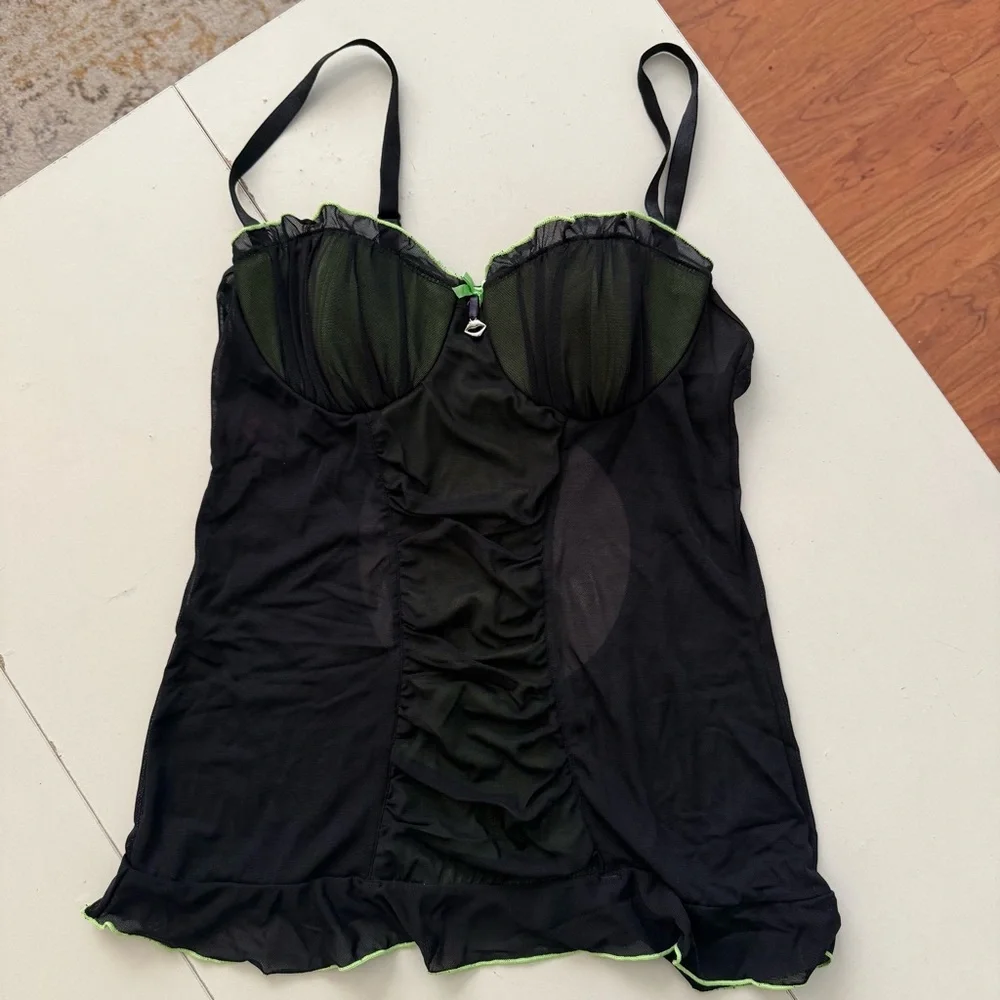 Cyber Glam Neon Lime Green Black Mesh Chemise Open Back Ruffle Festival Corset - Picture 3 of 9